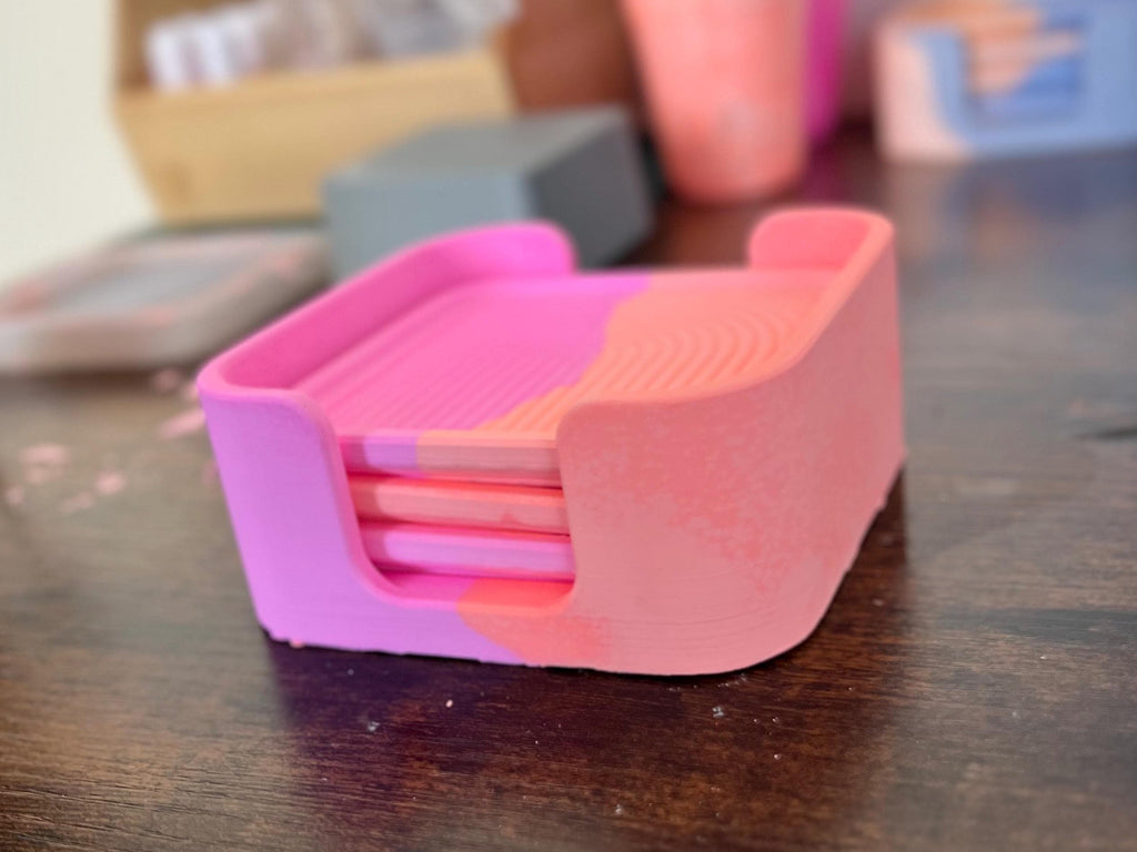 Handmade Coasters with Arch Accent, Bright Orange and Pink, eco-resin drinkware, Textured Minimalist Home Decor