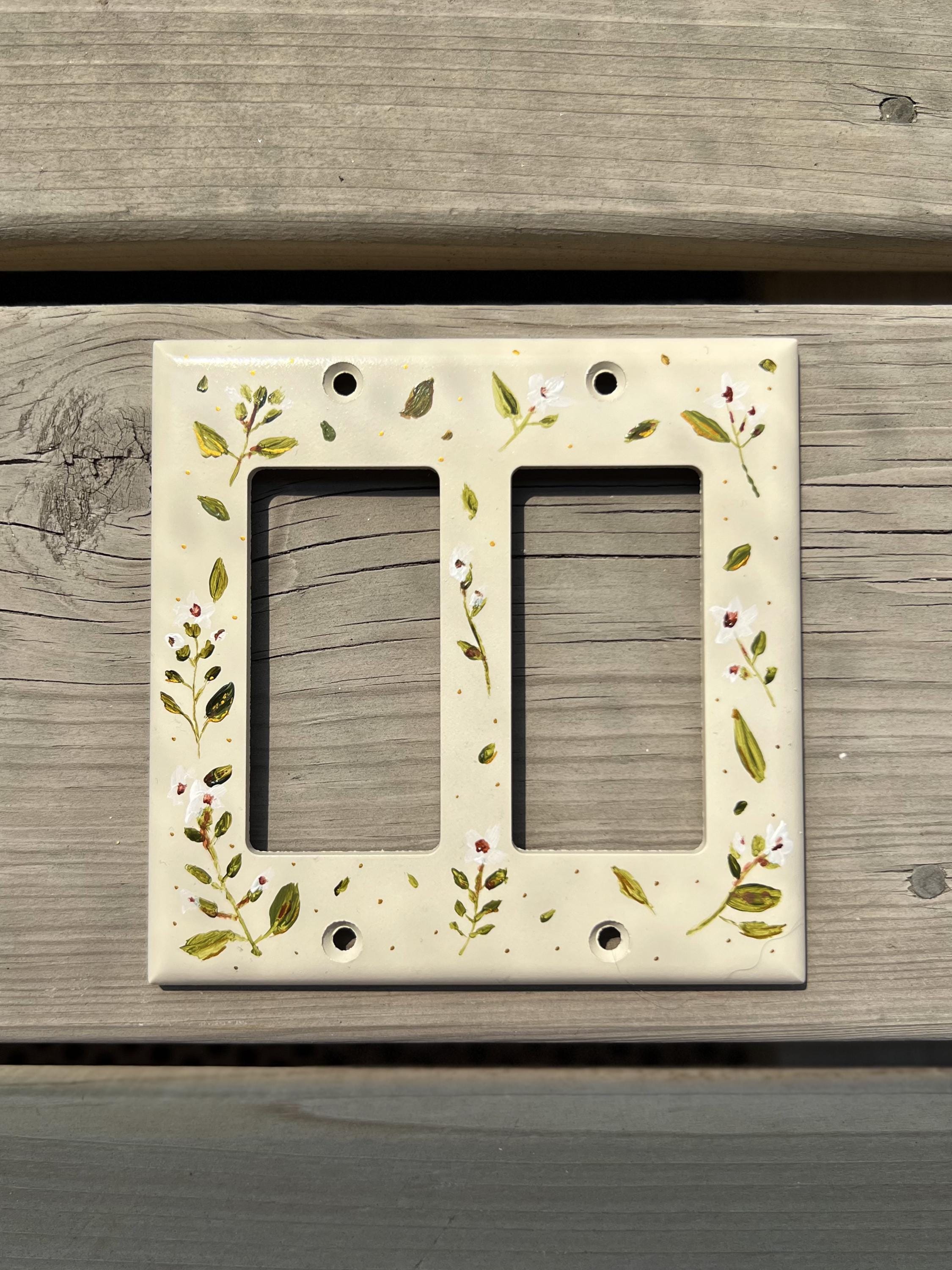 Hand-Painted Botanical Floral Light Switch Plate, Ditsy Gold Accent Cream Cottagecore Decor