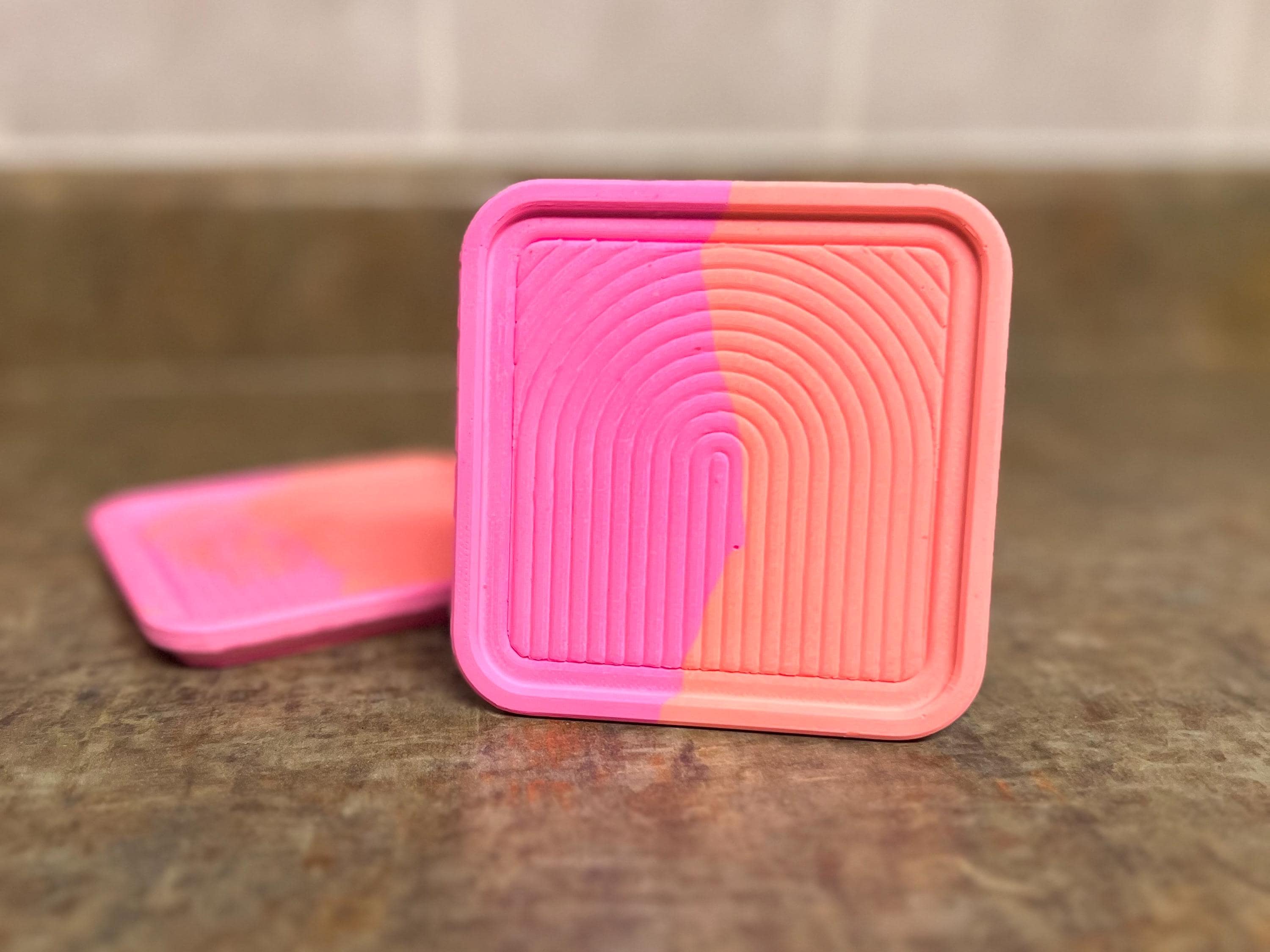Handmade Coasters with Arch Accent, Bright Orange and Pink, eco-resin drinkware, Textured Minimalist Home Decor