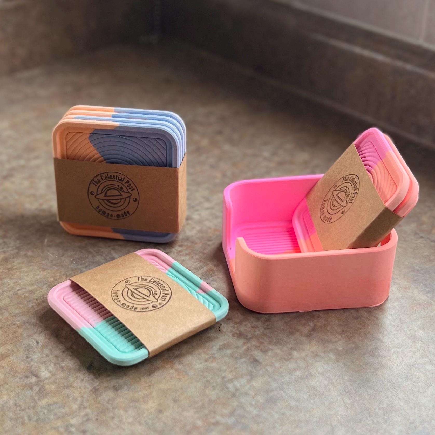 Handmade Coasters with Arch Accent, Bright Orange and Pink, eco-resin drinkware, Textured Minimalist Home Decor